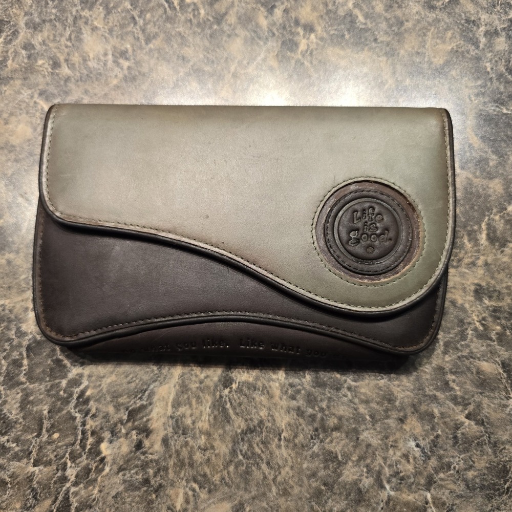 LIFE IS GOOD Vintage Leather Wallet Clutch Purse Tri Fold Brown & Green‎
